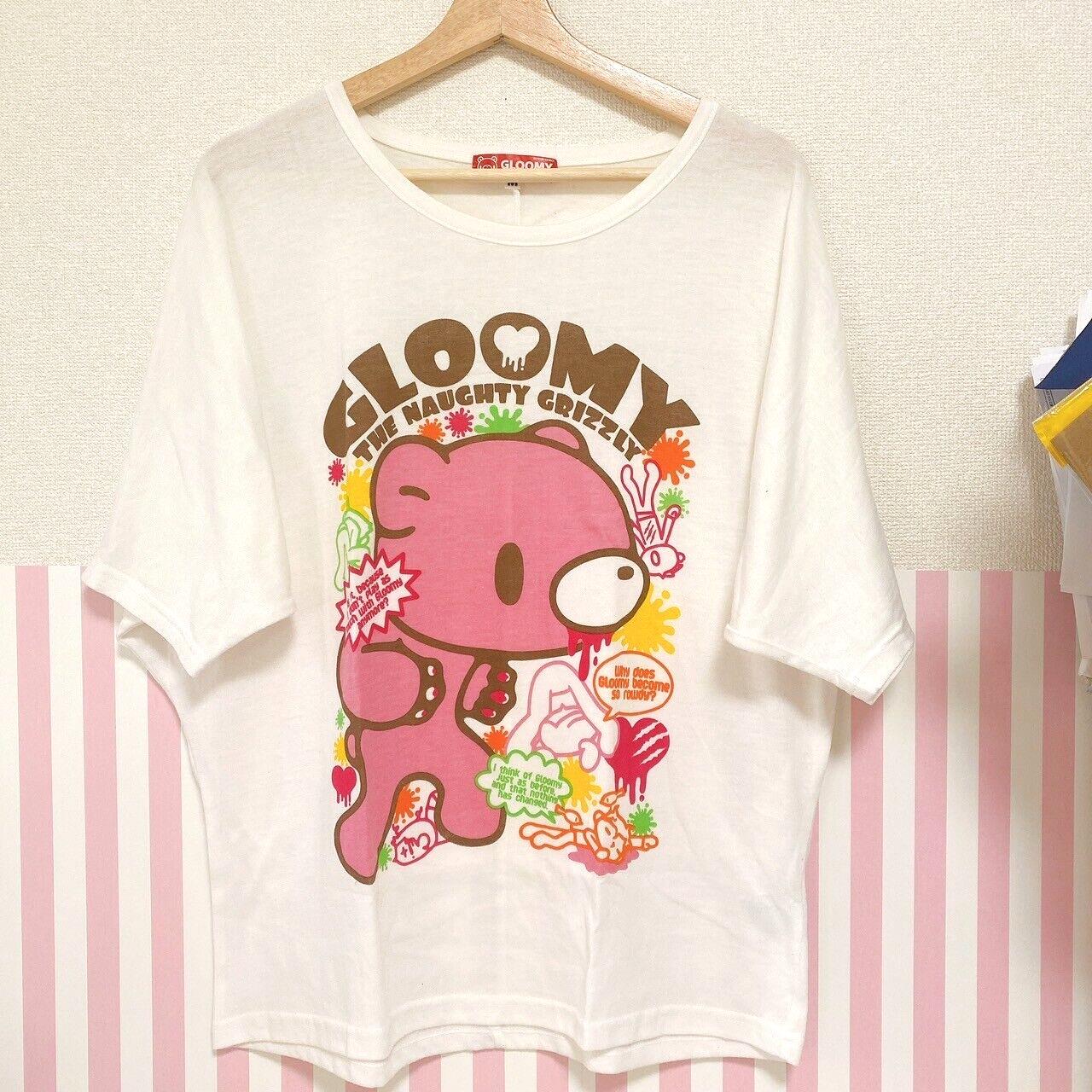 Gloomy Bear Bloody T-shirt White Pink M Size Big Print Clothing Character Kawaii