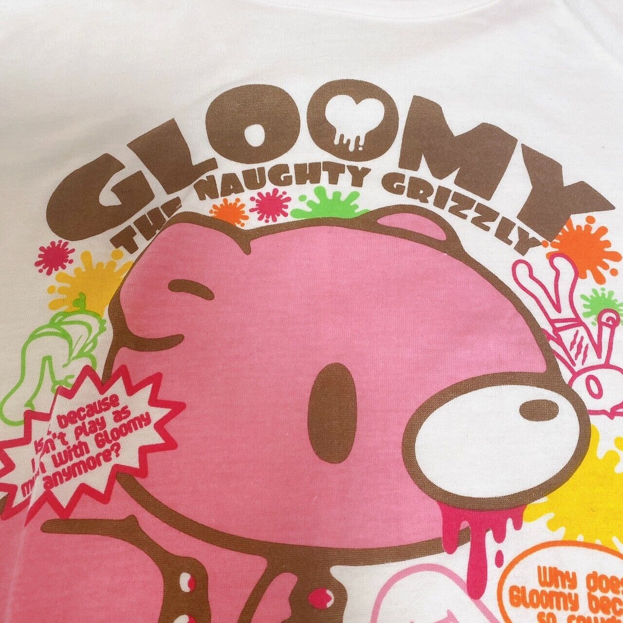 Gloomy Bear Bloody T-shirt White Pink M Size Big Print Clothing Character Kawaii