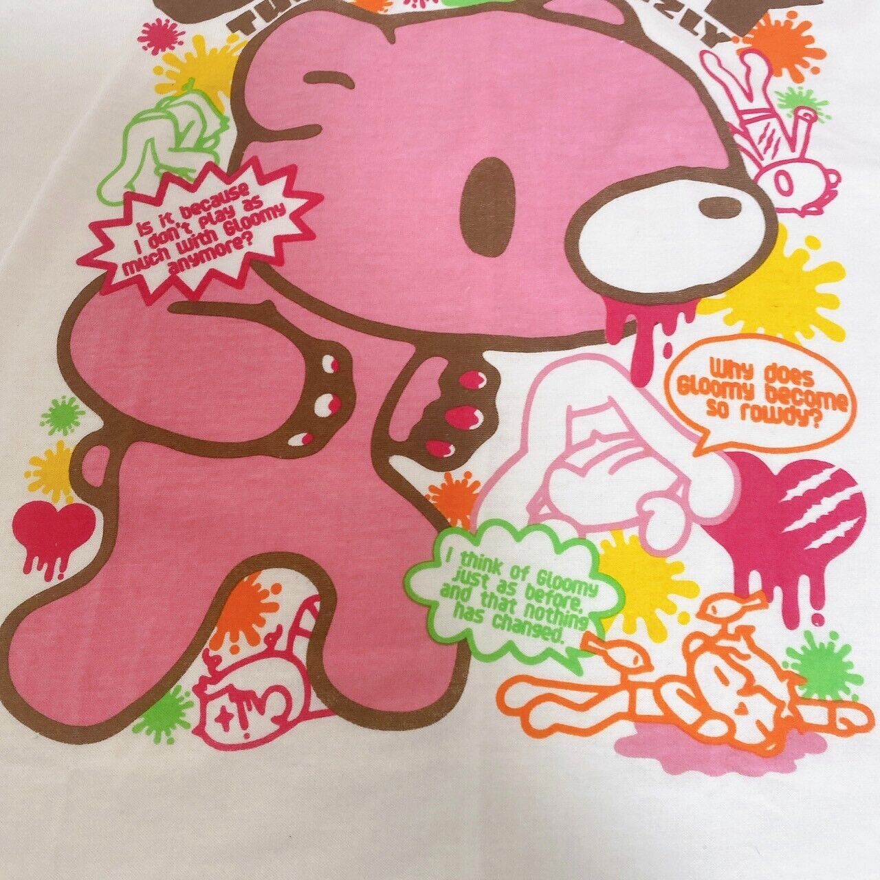 Gloomy Bear Bloody T-shirt White Pink M Size Big Print Clothing Character Kawaii