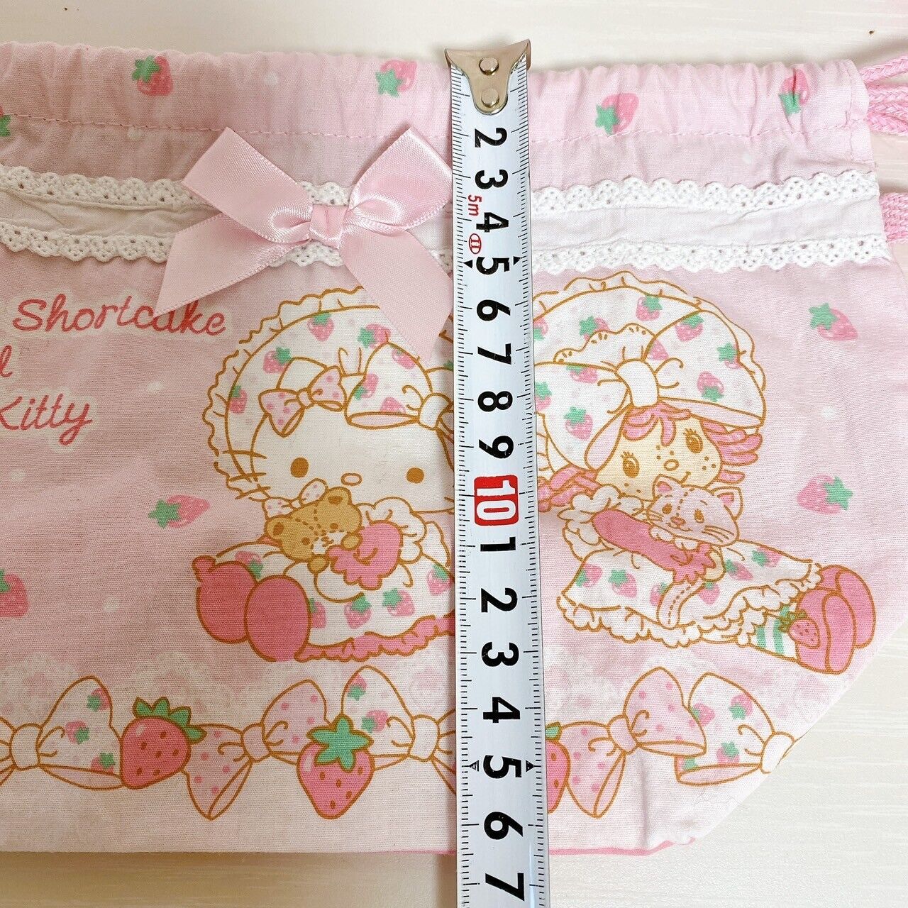 Sanrio Hello Kitty Strawberry Shortcake Lunch Drawstring Bag Pink Ribbon Kawaii