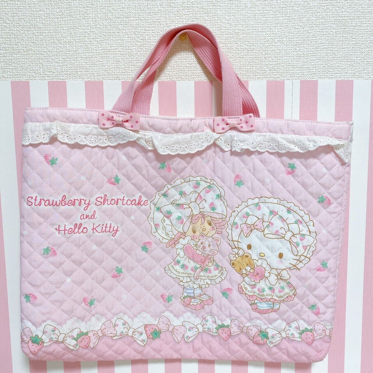 Sanrio Hello Kitty Strawberry Shortcake Lesson Tote Bag Pink Ribbon Character