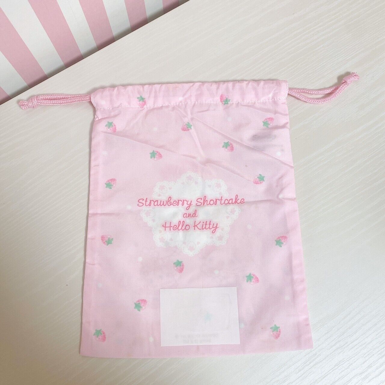 Sanrio Strawberry Shortcake Hello Kitty Drawstring Bag Purse Pouch Ribbon Pink