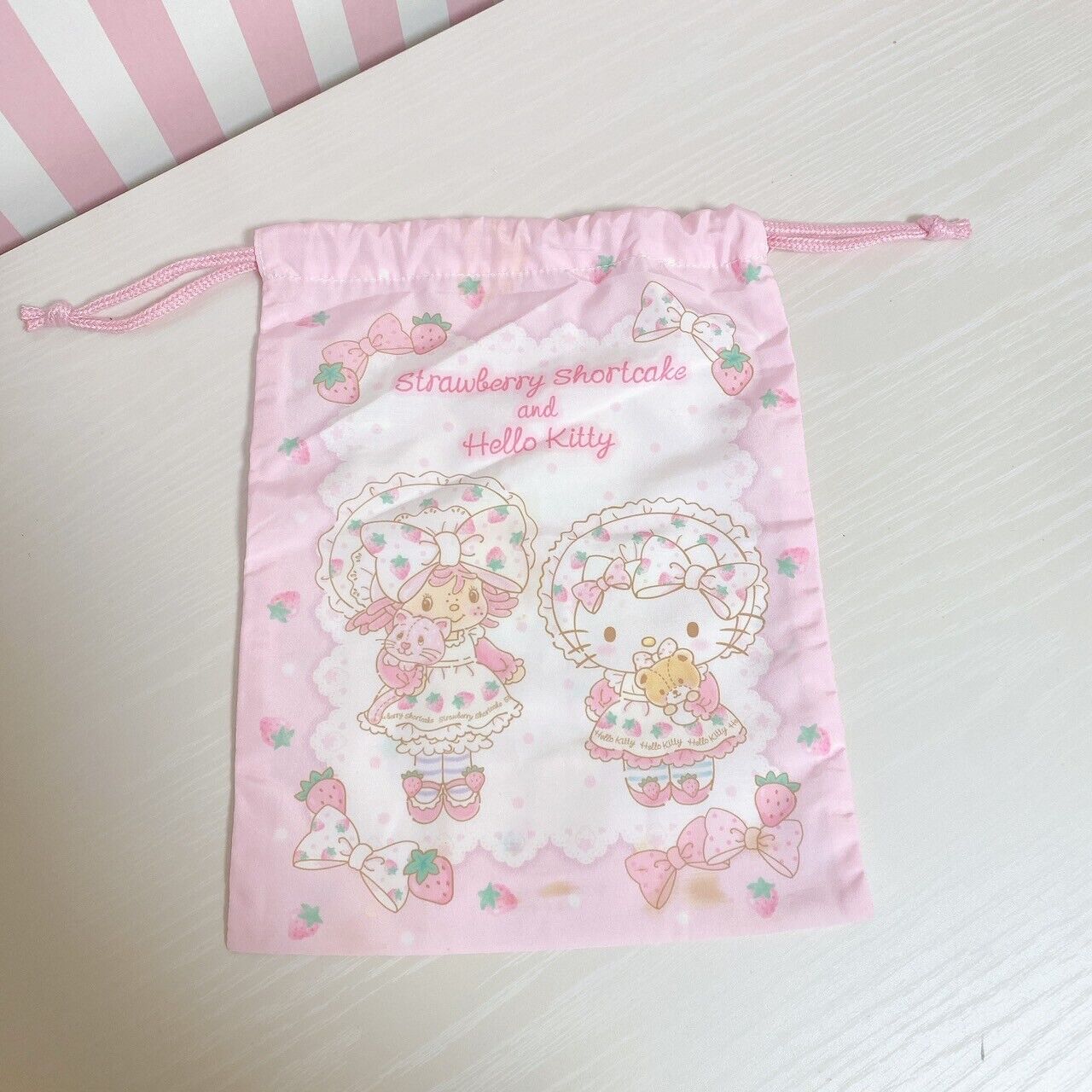 Sanrio Strawberry Shortcake Hello Kitty Drawstring Bag Purse Pouch Ribbon Pink