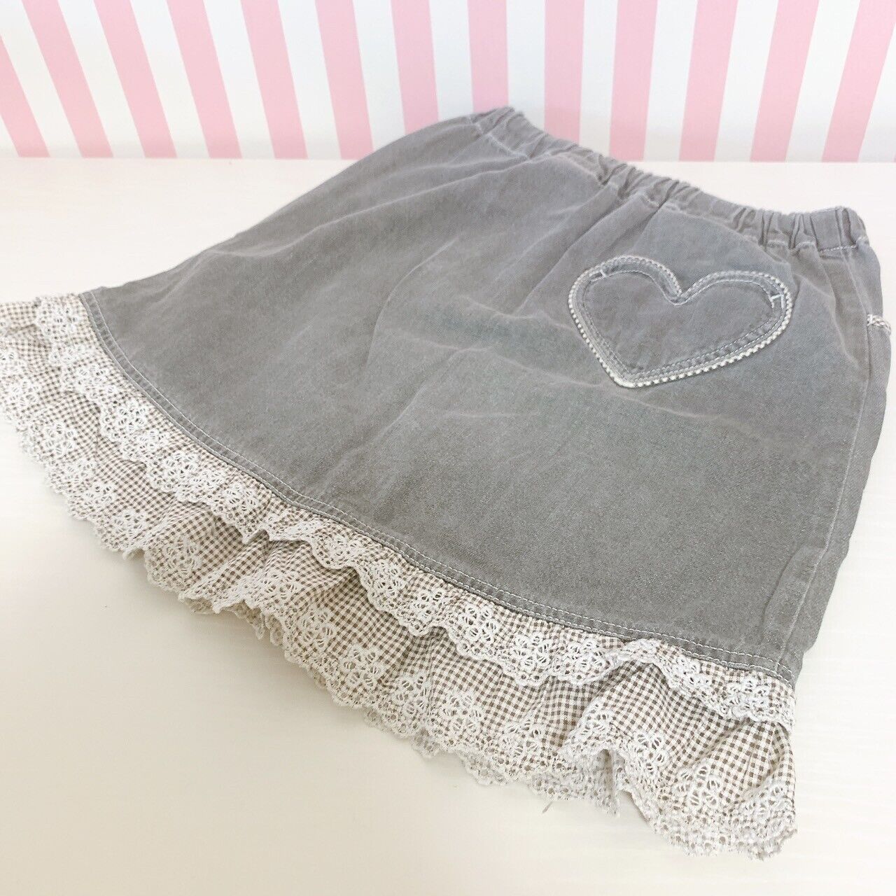 Mezzo Piano Denim Skirt Black 130 Size Frill Lace Heart Pocket Simple Girls Rare