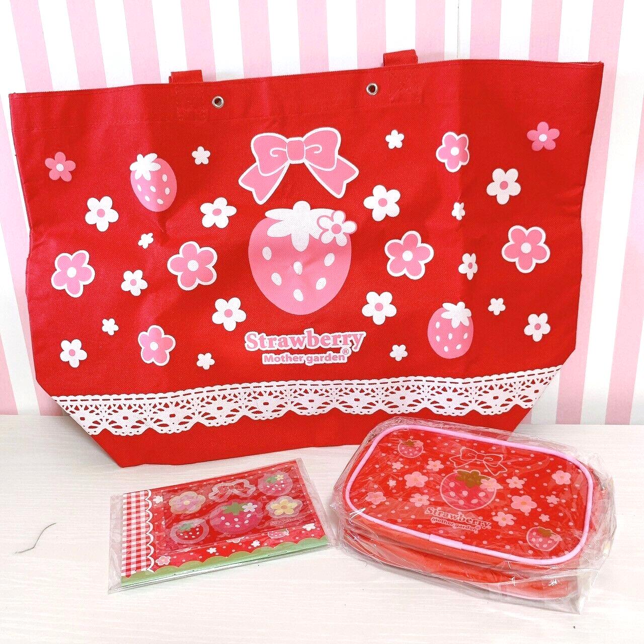 Mother Garden Tote Bag Shoulder Bag Mini Note Sticker 4 Set Strawberry Red Pink