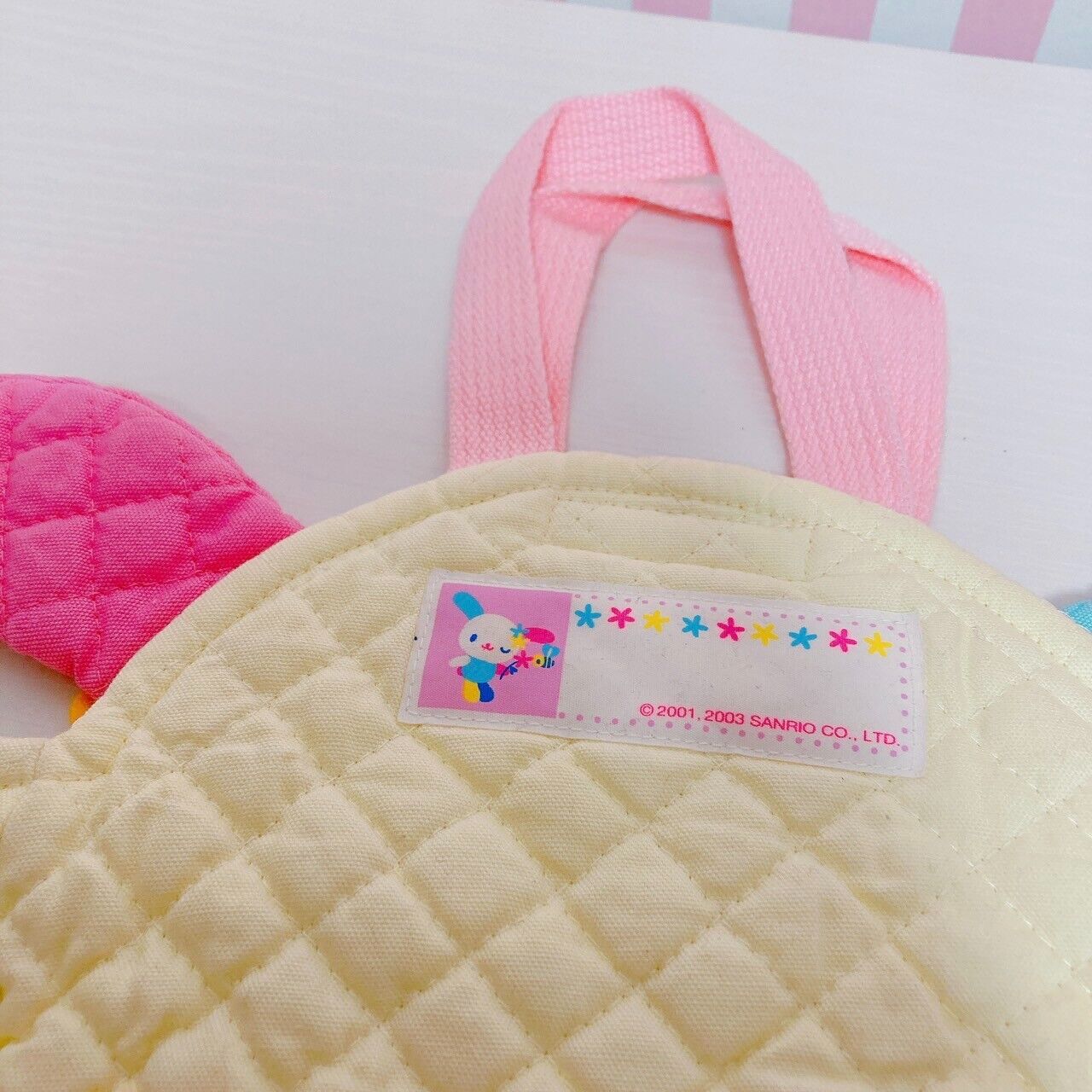 Sanrio Usahana Tote Bag Handbag Face Quilting Flower Yellow Pink Blue Rabbit