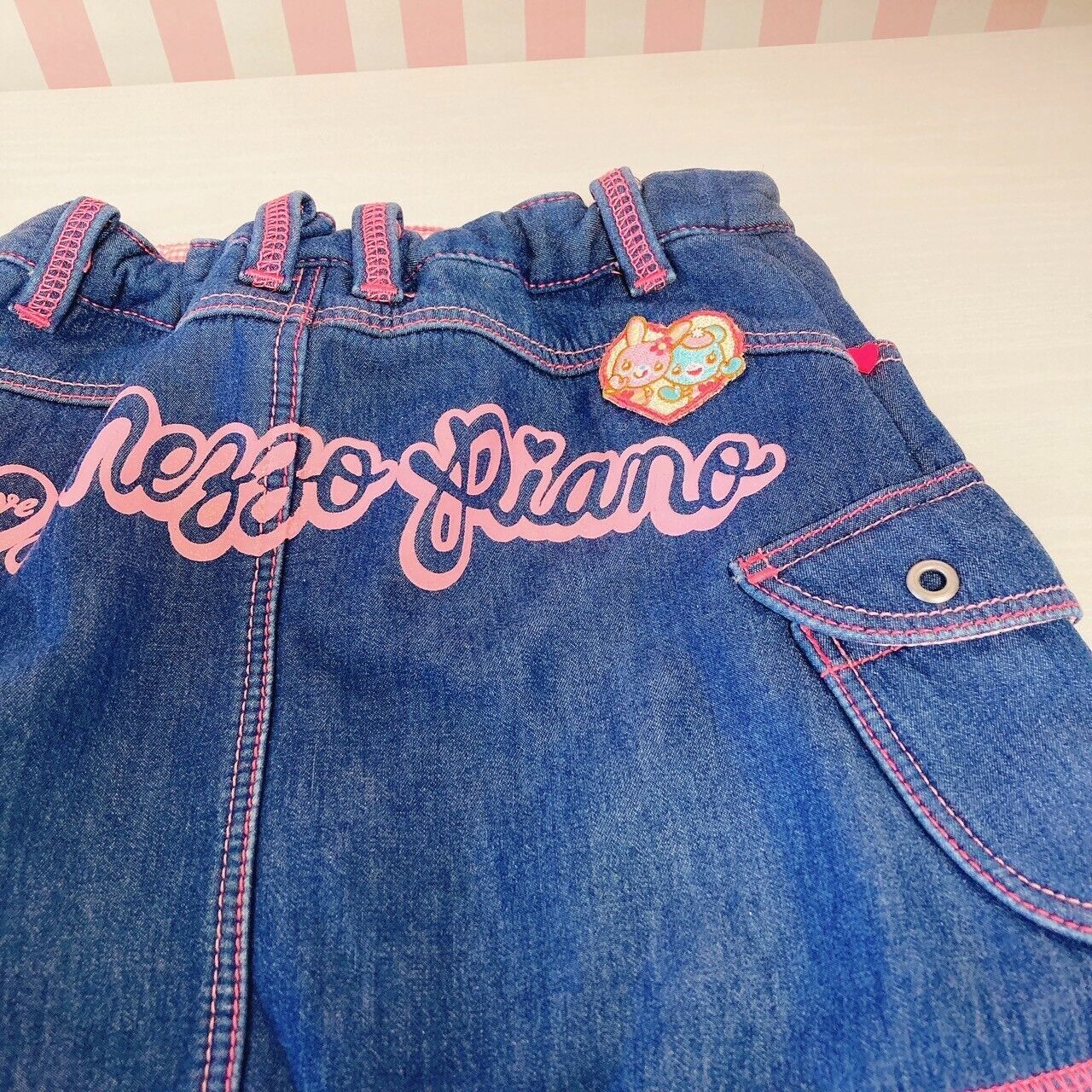 Mezzo Piano Denim Skirt 110 Size Pink Embroidery Gingham Check Freeze Character