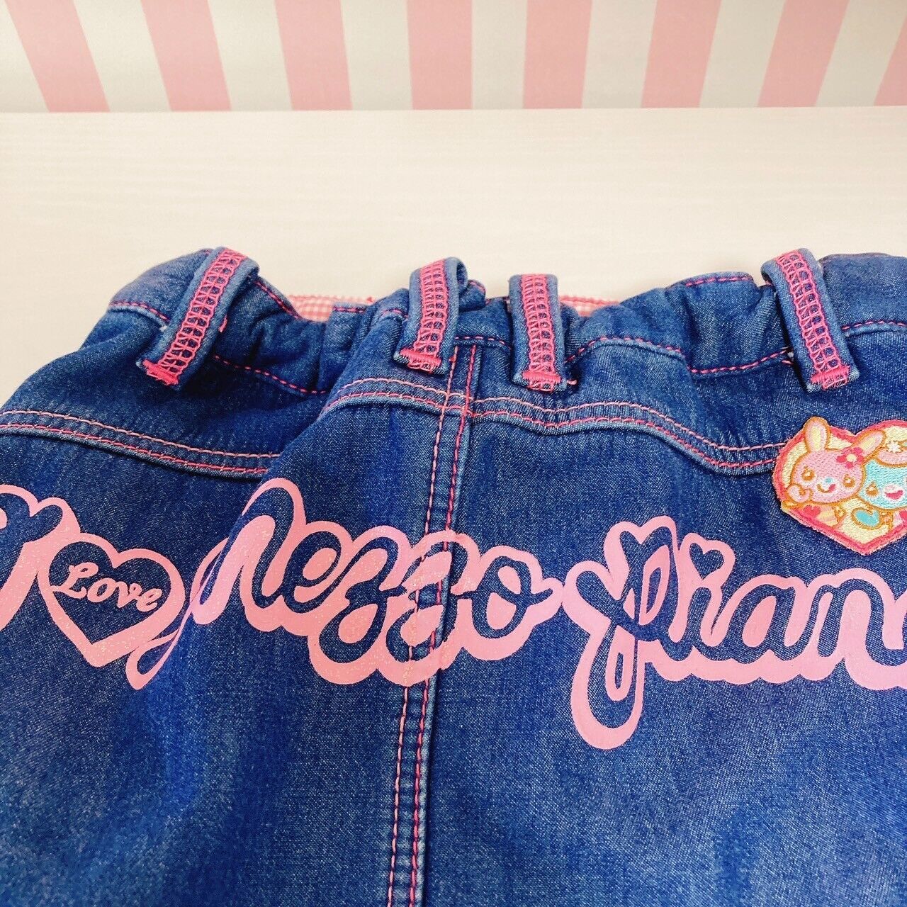 Mezzo Piano Denim Skirt 110 Size Pink Embroidery Gingham Check Freeze Character