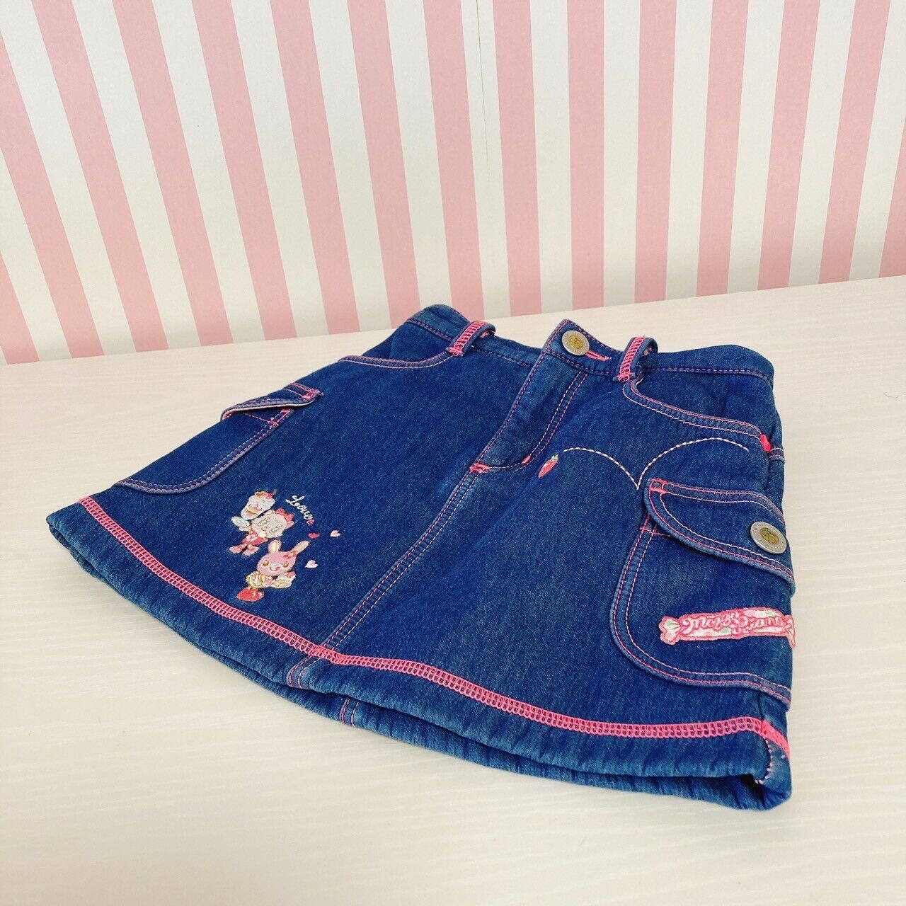 Mezzo Piano Denim Skirt 110 Size Pink Embroidery Gingham Check Freeze Character