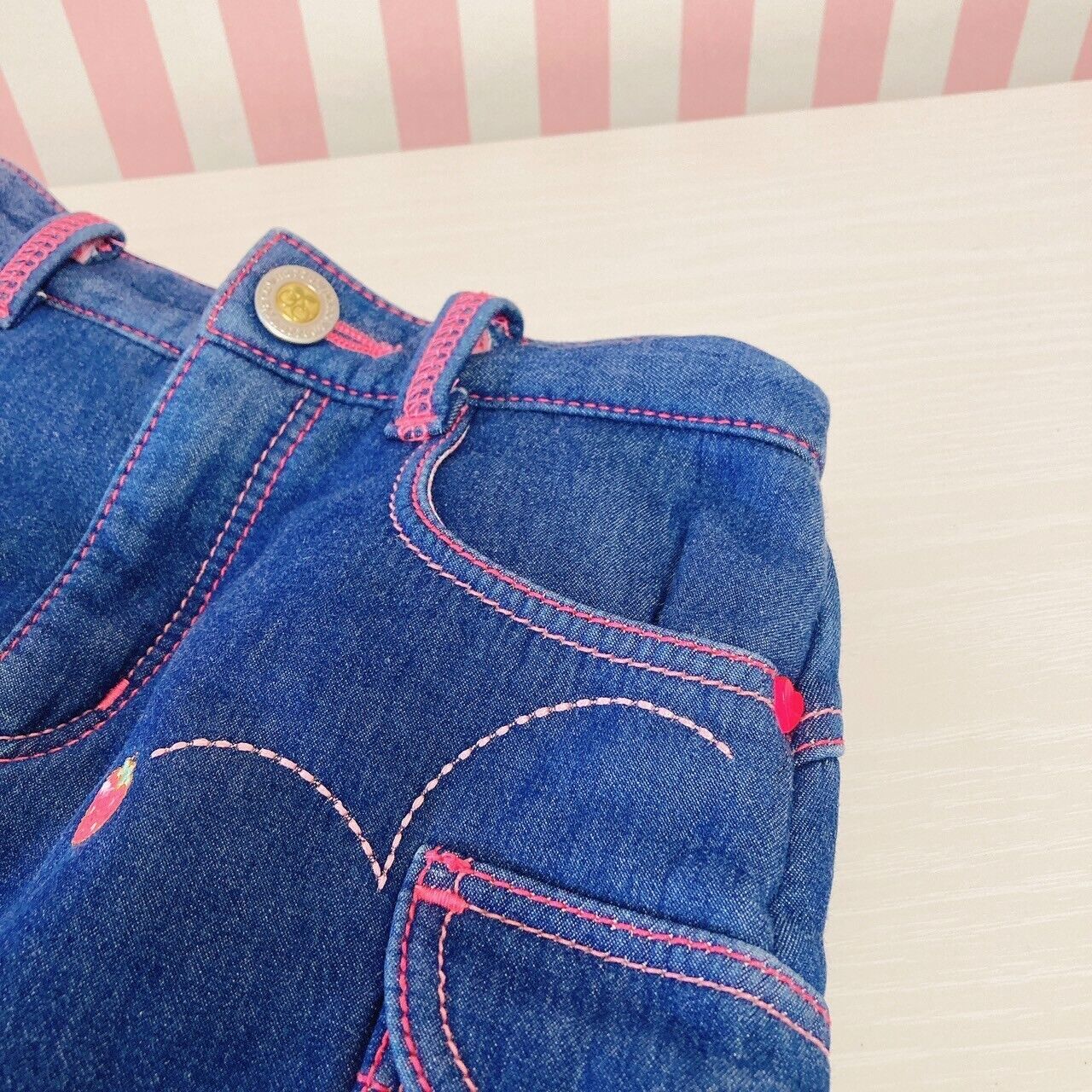 Mezzo Piano Denim Skirt 110 Size Pink Embroidery Gingham Check Freeze Character