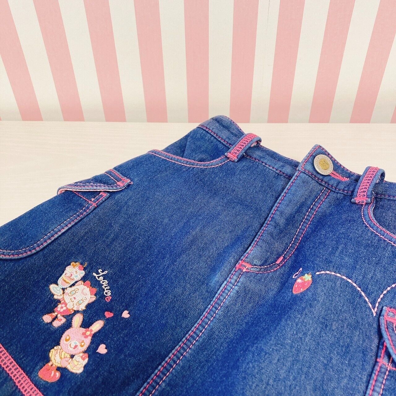 Mezzo Piano Denim Skirt 110 Size Pink Embroidery Gingham Check Freeze Character