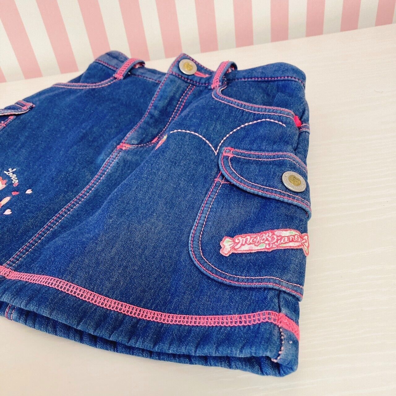 Mezzo Piano Denim Skirt 110 Size Pink Embroidery Gingham Check Freeze Character