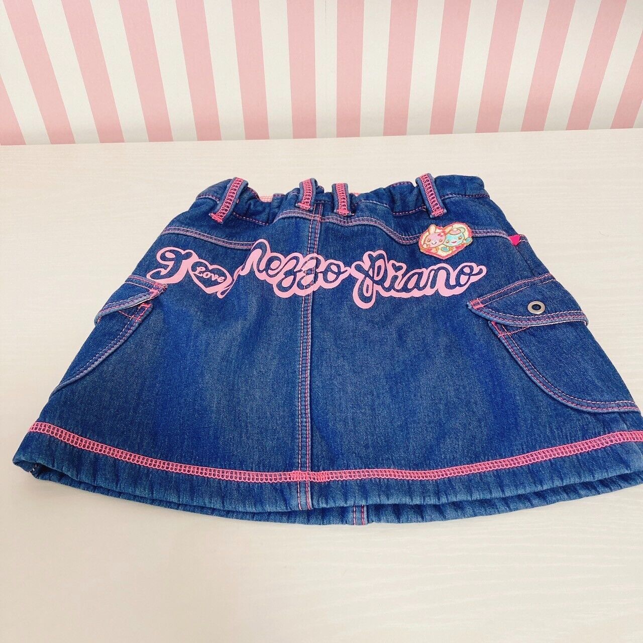 Mezzo Piano Denim Skirt 110 Size Pink Embroidery Gingham Check Freeze Character