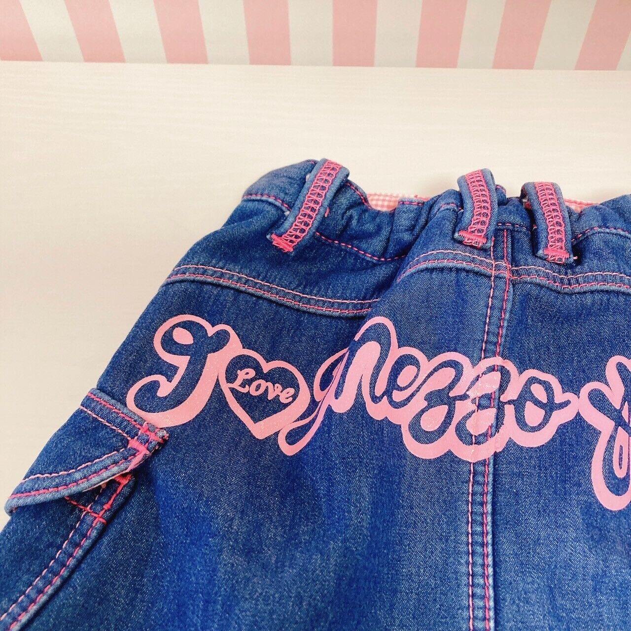 Mezzo Piano Denim Skirt 110 Size Pink Embroidery Gingham Check Freeze Character