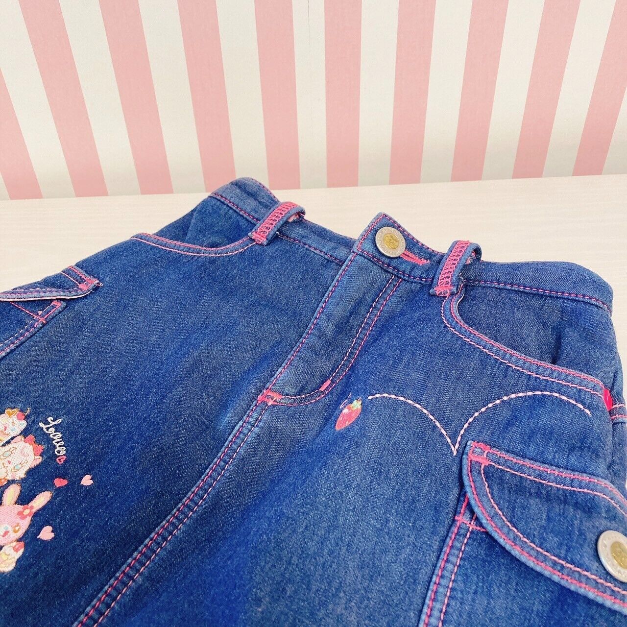 Mezzo Piano Denim Skirt 110 Size Pink Embroidery Gingham Check Freeze Character