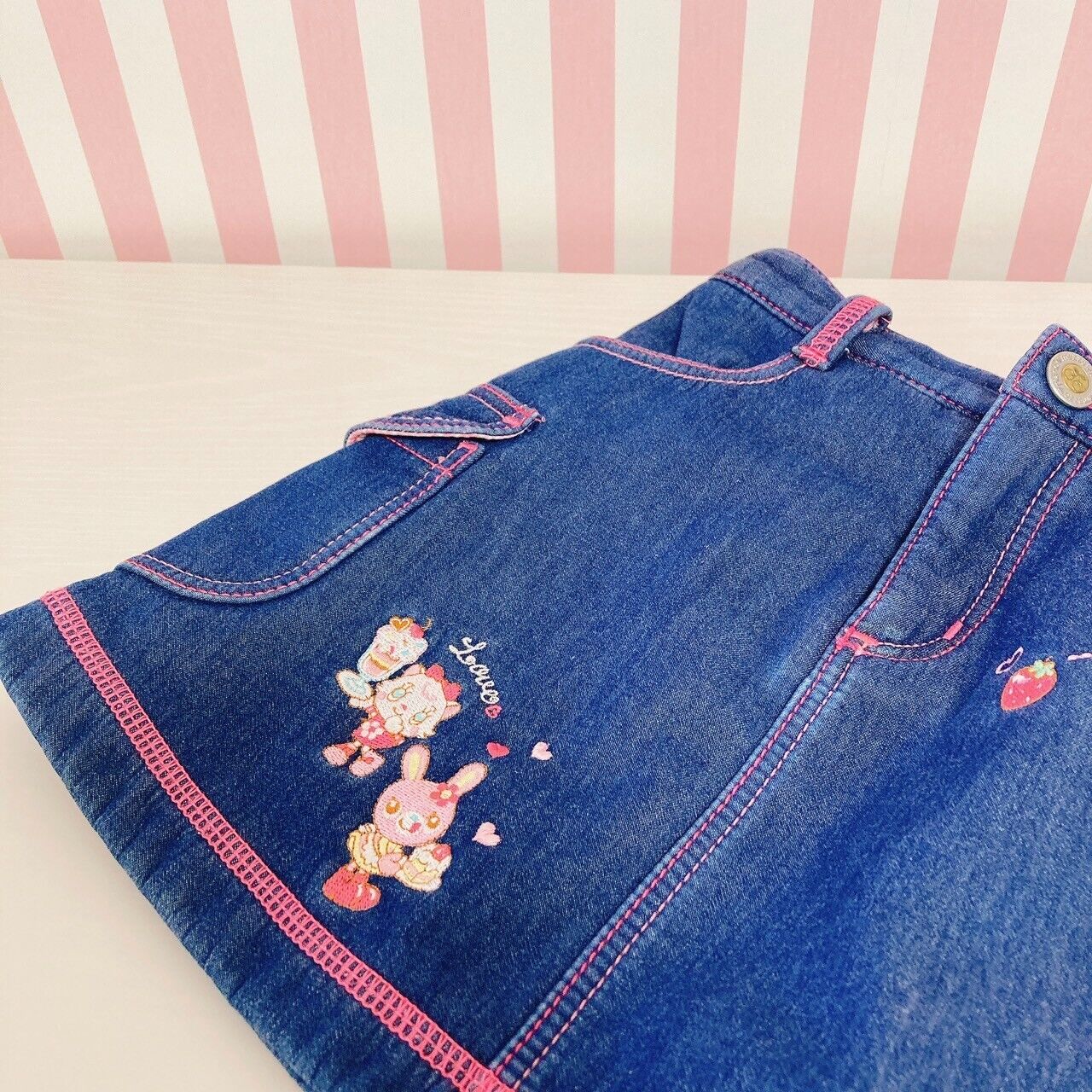 Mezzo Piano Denim Skirt 110 Size Pink Embroidery Gingham Check Freeze Character