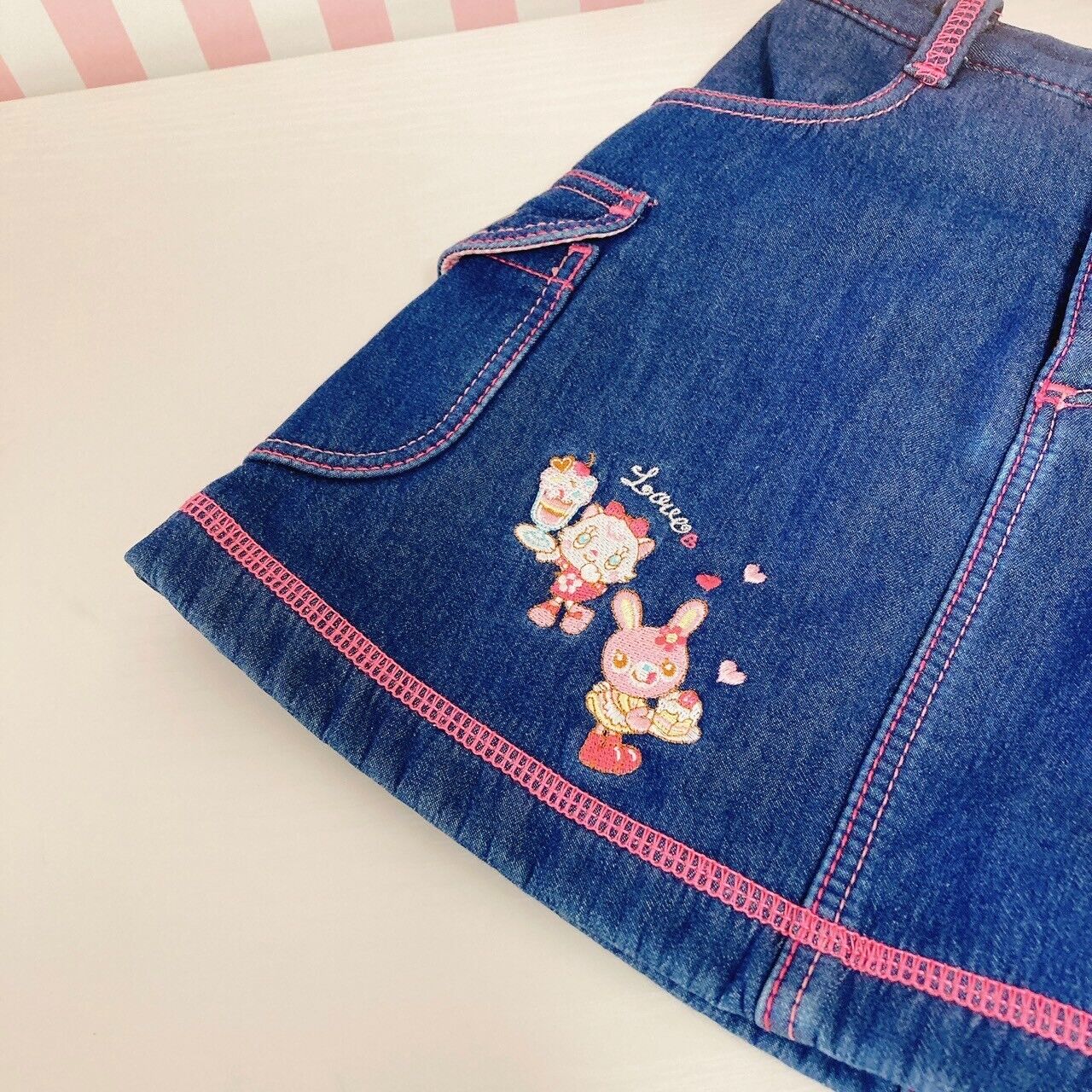 Mezzo Piano Denim Skirt 110 Size Pink Embroidery Gingham Check Freeze Character