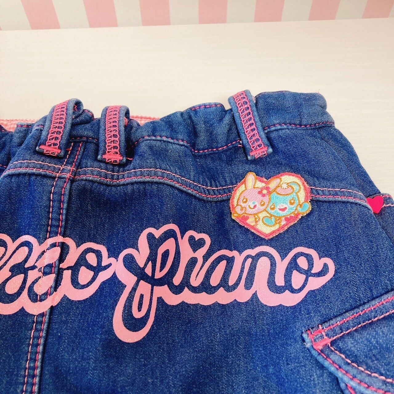 Mezzo Piano Denim Skirt 110 Size Pink Embroidery Gingham Check Freeze Character