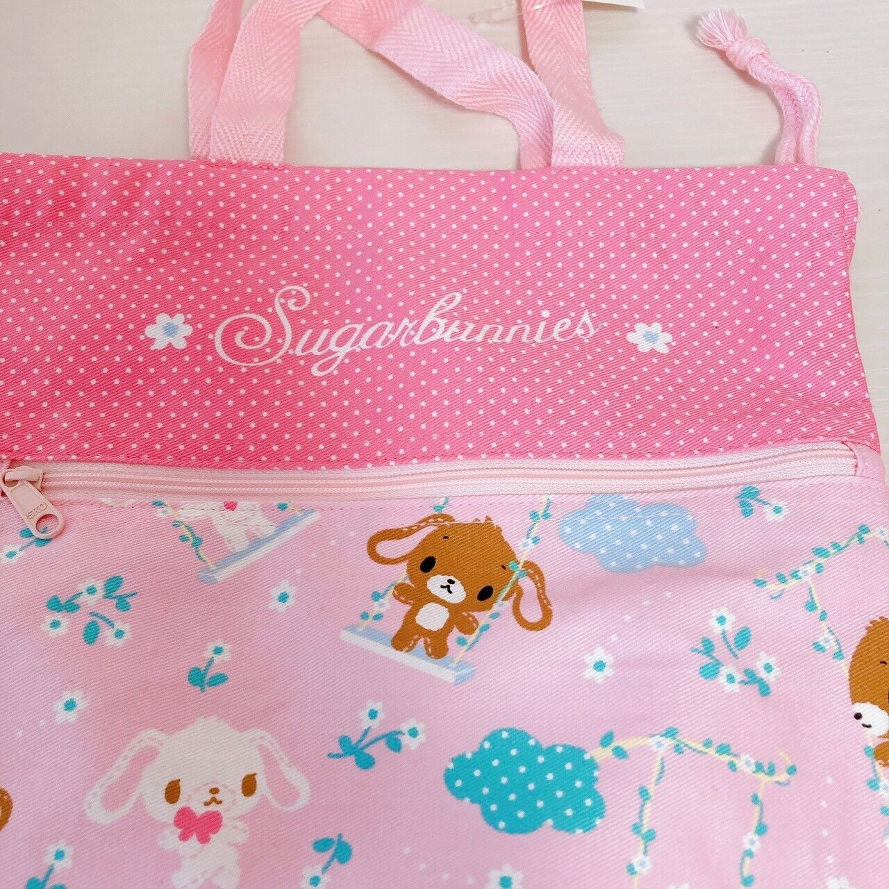 Sanrio Sugar Bunnies Drawstring Tote Bag Handbag Shirousa Kurosa Pink Swing Rare