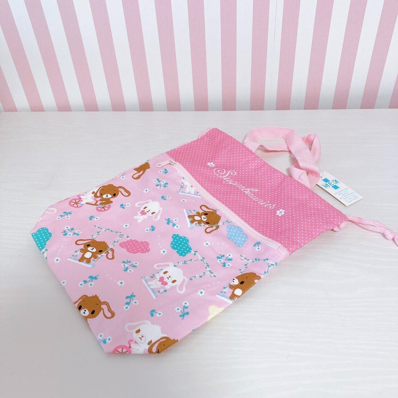 Sanrio Sugar Bunnies Drawstring Tote Bag Handbag Shirousa Kurosa Pink Swing Rare