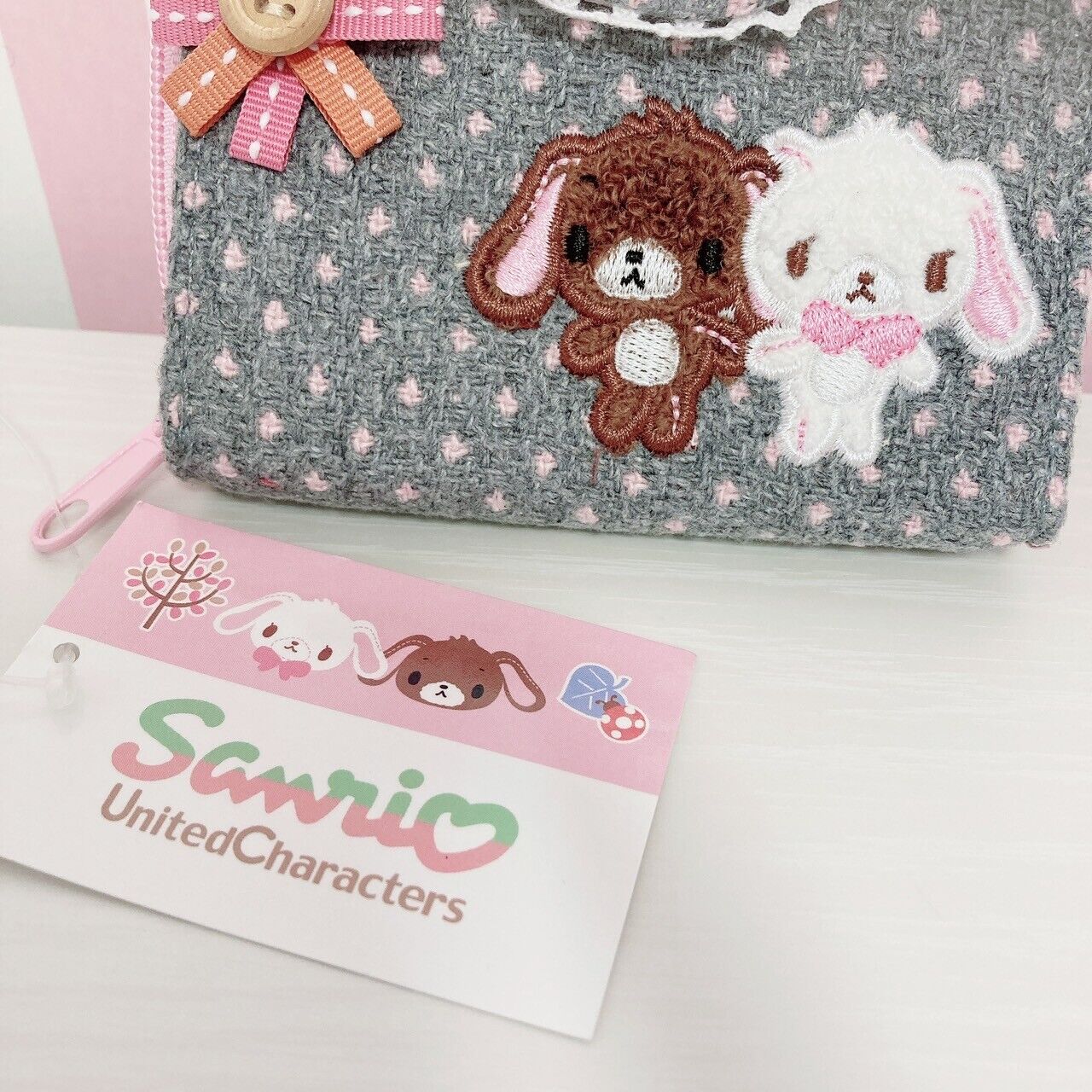 Sanrio Sugar Bunnies Folding Wallet Coin Purse Case Holder Embroidery Dot Gray