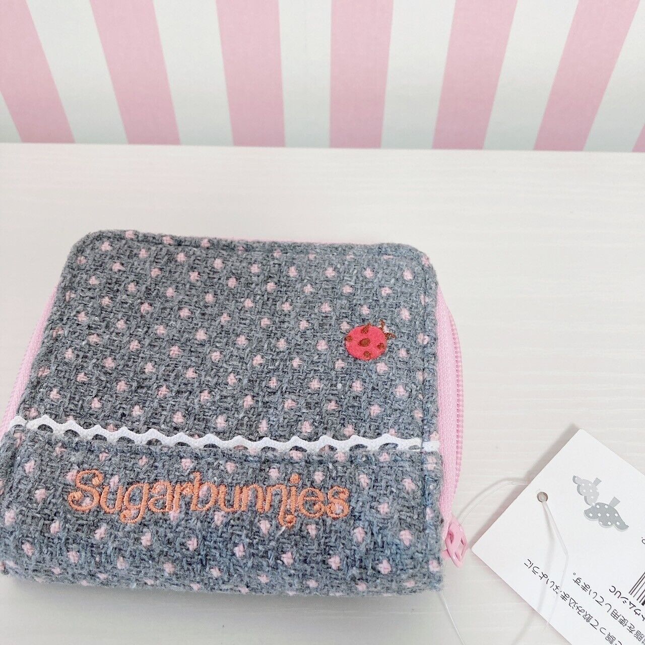 Sanrio Sugar Bunnies Folding Wallet Coin Purse Case Holder Embroidery Dot Gray