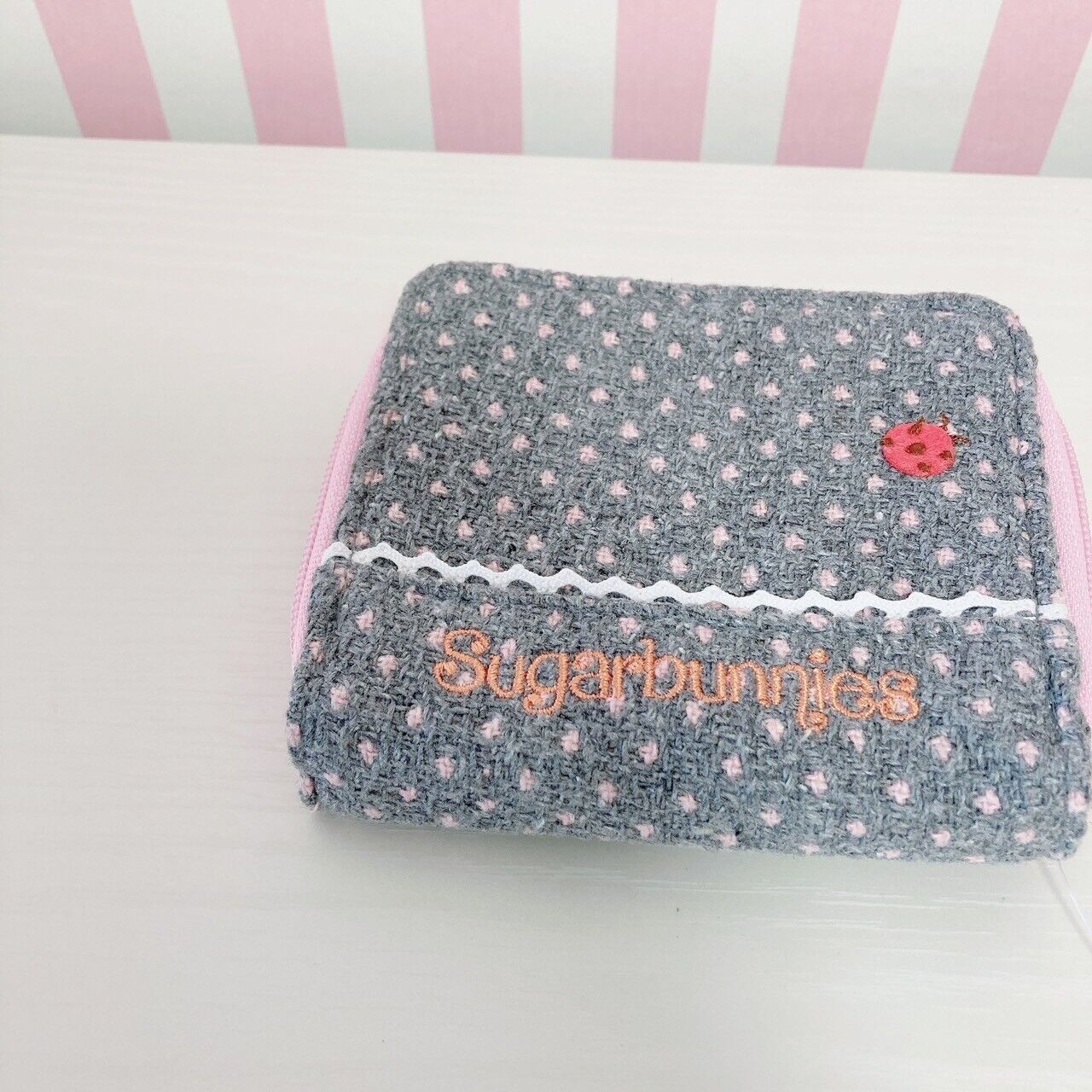 Sanrio Sugar Bunnies Folding Wallet Coin Purse Case Holder Embroidery Dot Gray