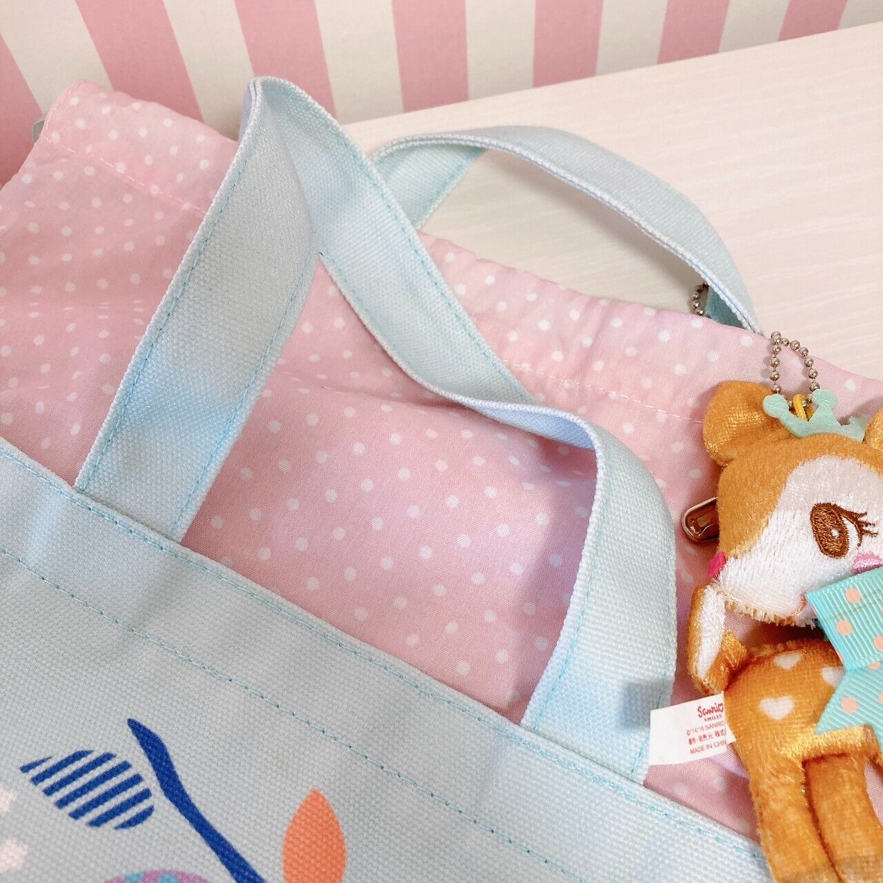 Sanrio Humming Mint Lunch Bag Handbag Light Blue Deer Plush Soft Toy Ribbon Rare