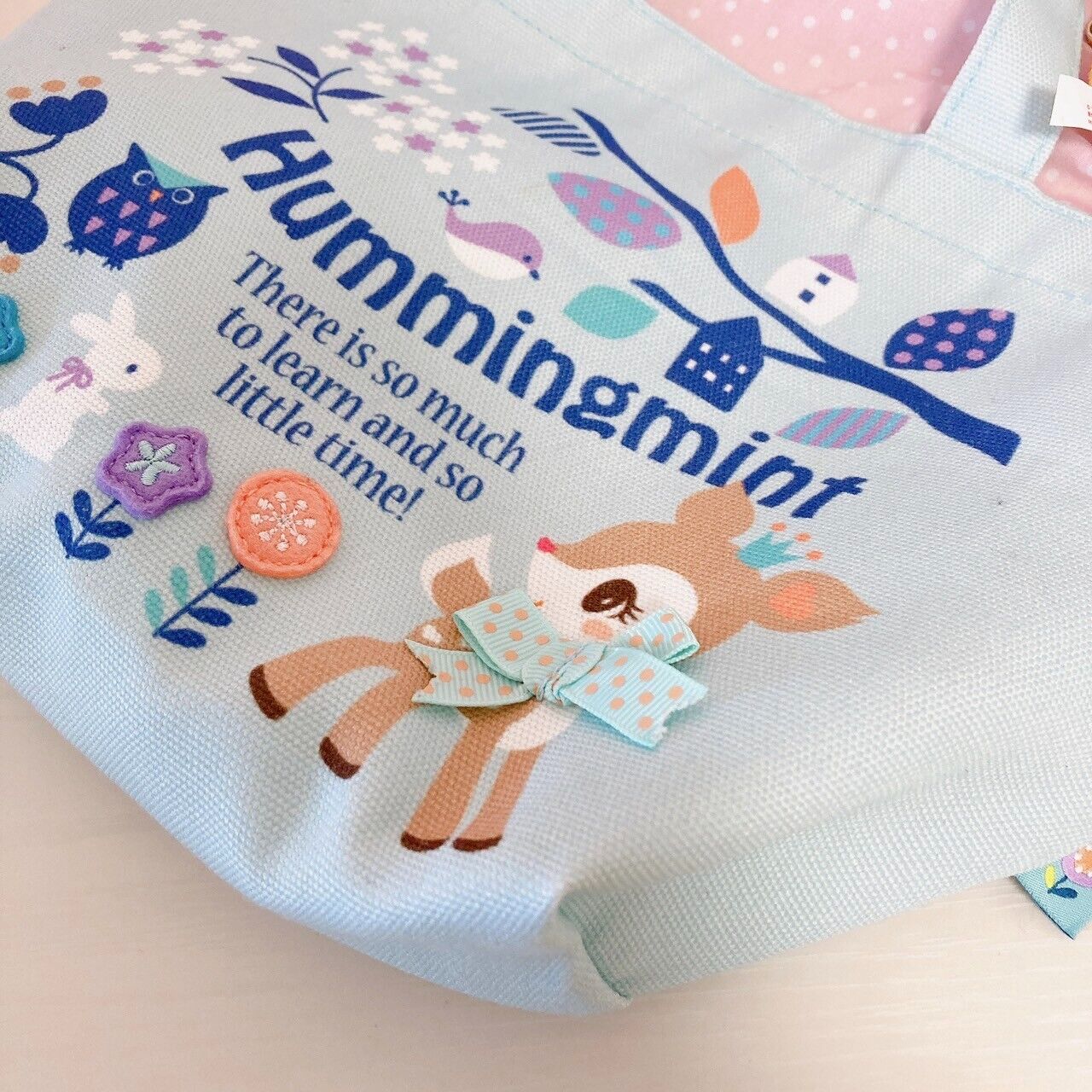 Sanrio Humming Mint Lunch Bag Handbag Light Blue Deer Plush Soft Toy Ribbon Rare