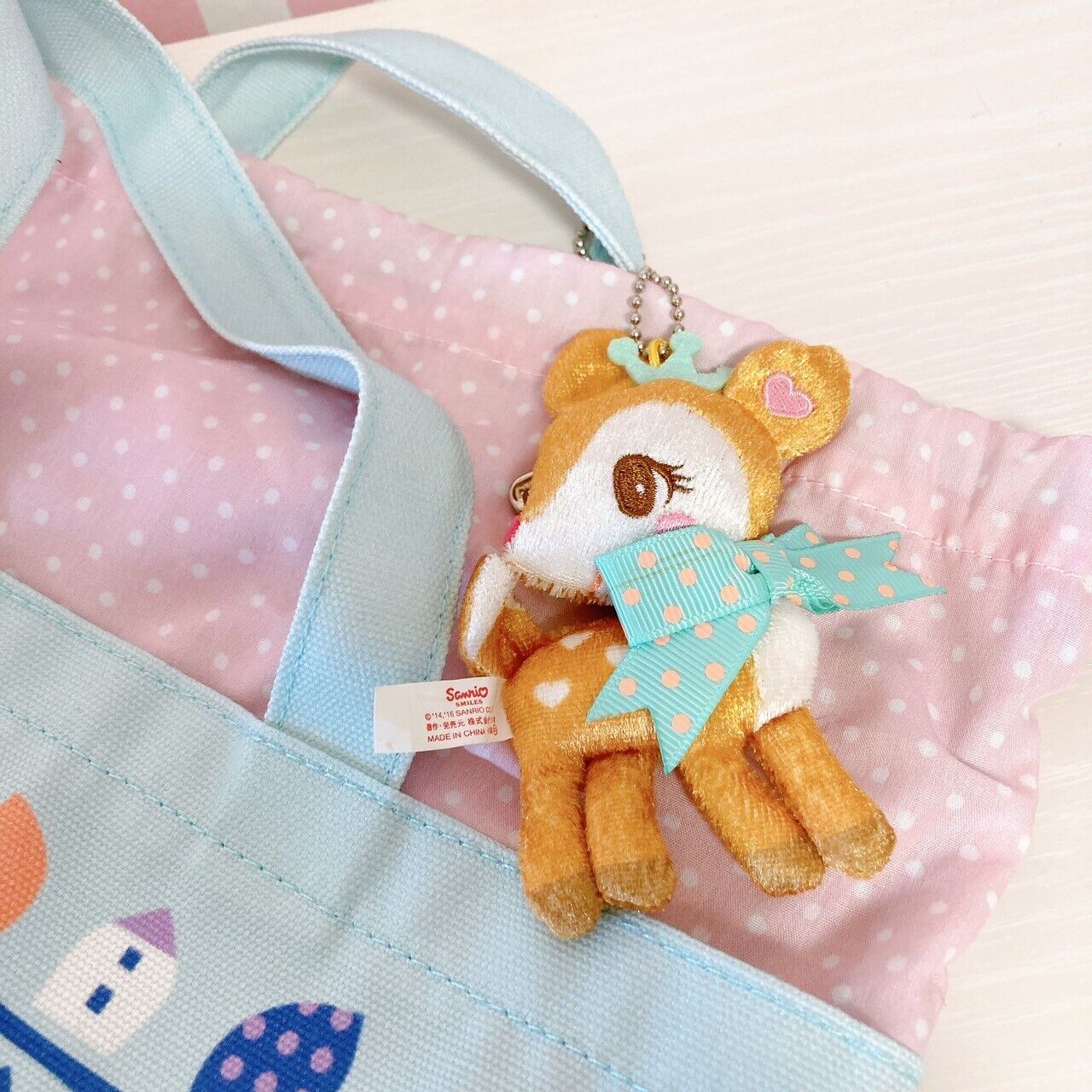 Sanrio Humming Mint Lunch Bag Handbag Light Blue Deer Plush Soft Toy Ribbon Rare