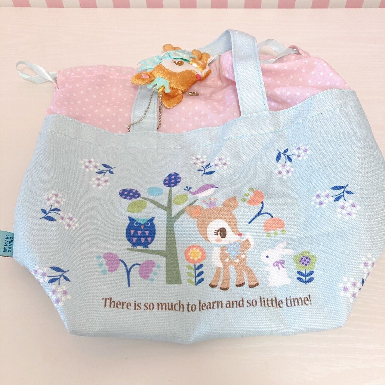 Sanrio Humming Mint Lunch Bag Handbag Light Blue Deer Plush Soft Toy Ribbon Rare