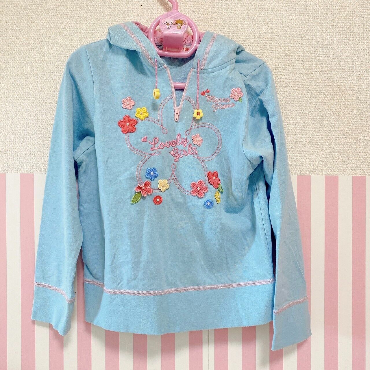 Mezzo Piano Hoodie 130 Size Flower Light Blue Embroidery Hood Clothing Kawaii