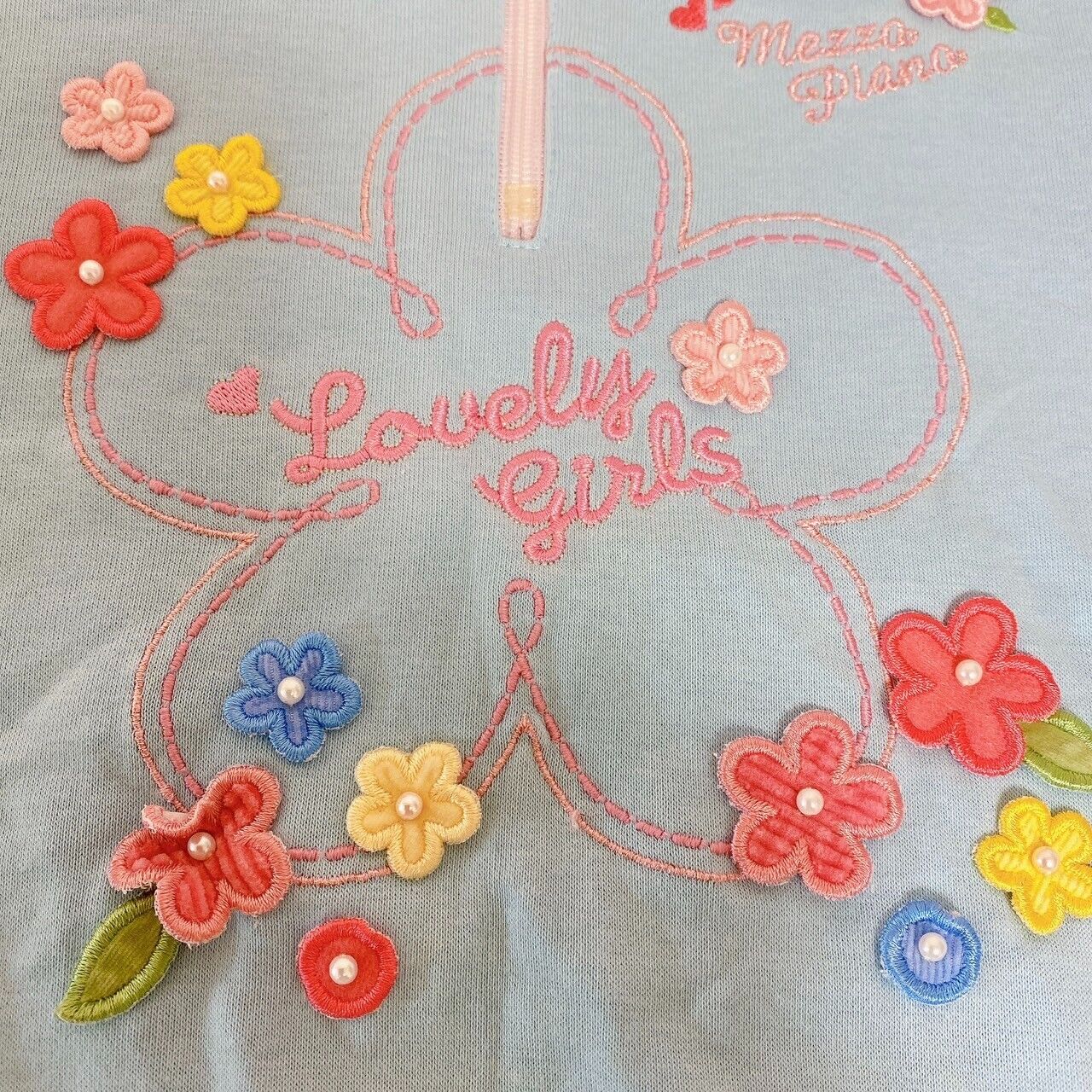 Mezzo Piano Hoodie 130 Size Flower Light Blue Embroidery Hood Clothing Kawaii