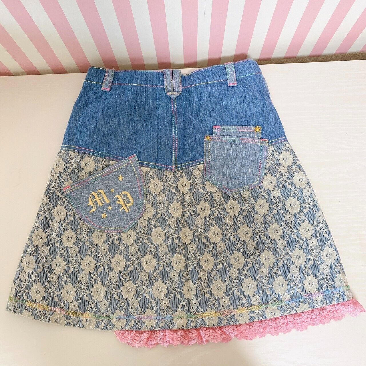 Mezzo Piano Denim Skirt 140 Size Lace Frill Candy Flower Glitter Girls Kawaii