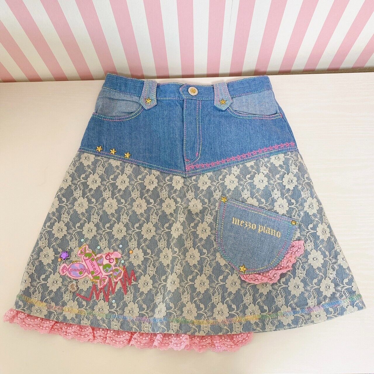 Mezzo Piano Denim Skirt 140 Size Lace Frill Candy Flower Glitter Girls Kawaii