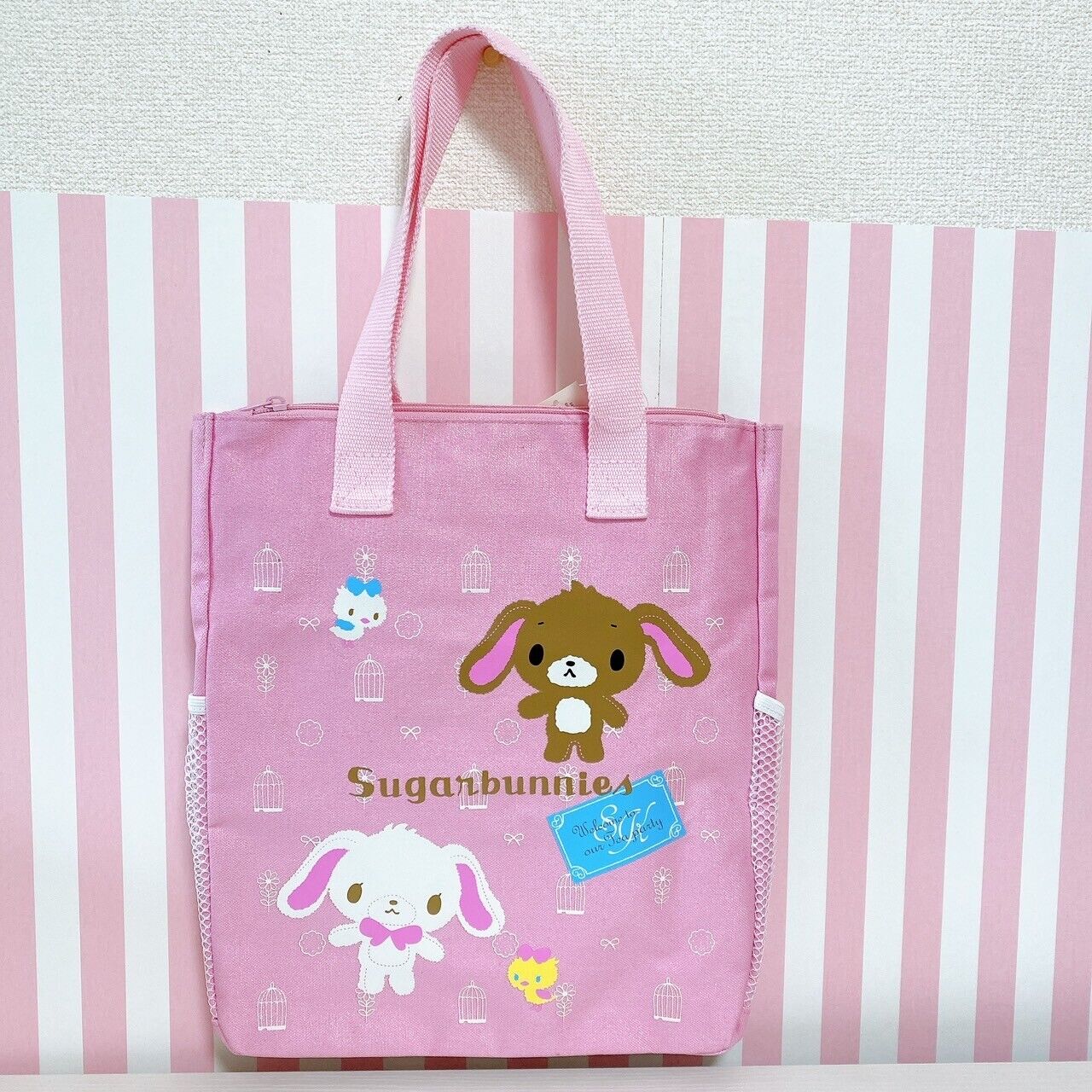 Sanrio Sugar Bunnies Tote Bag Pocket Shirousa Kurousa Pink Kawaii RARE Character