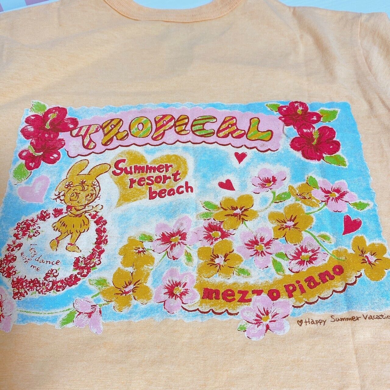 Mezzo Piano T-shirt Tops 150 Size Orange Hibiscus Tropical Flower Kawaii Rare