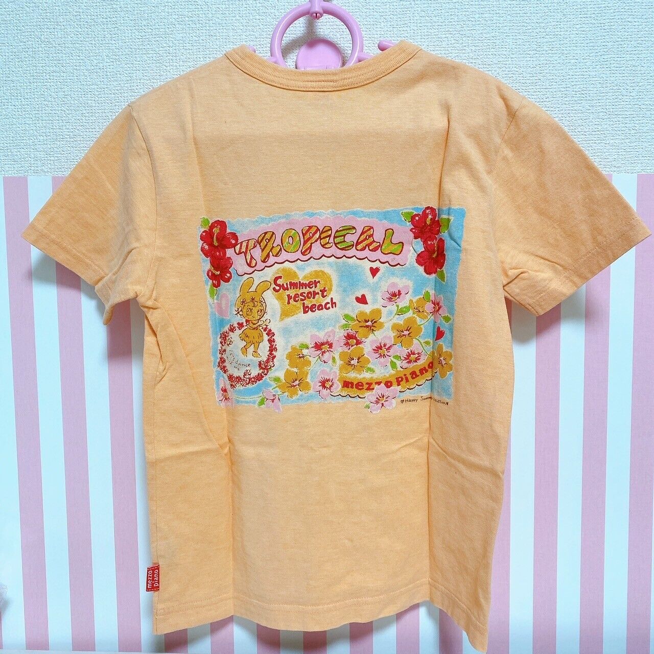 Mezzo Piano T-shirt Tops 150 Size Orange Hibiscus Tropical Flower Kawaii Rare