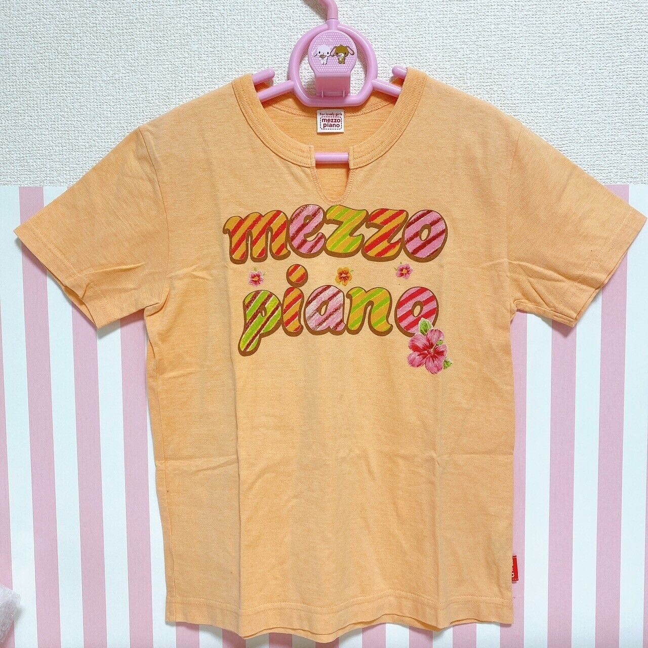 Mezzo Piano T-shirt Tops 150 Size Orange Hibiscus Tropical Flower Kawaii Rare