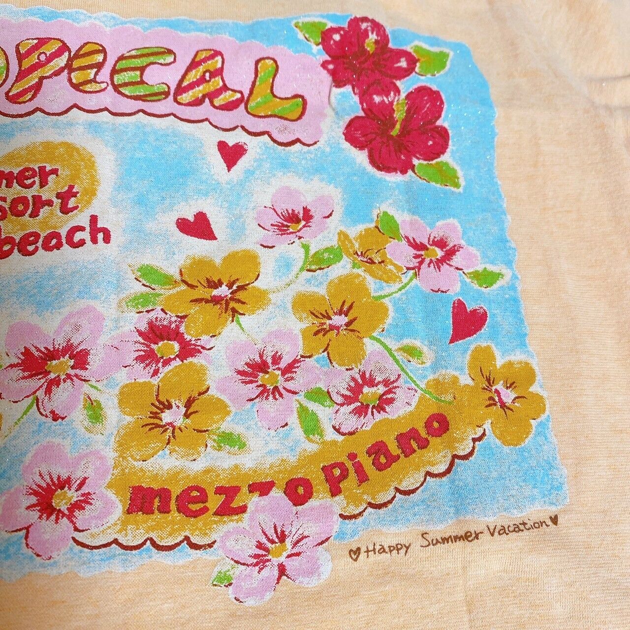 Mezzo Piano T-shirt Tops 150 Size Orange Hibiscus Tropical Flower Kawaii Rare