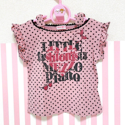 Mezzo Piano Kids T-shirt 110 Size Pink Black Dot Ribbon Frill Girls Kawaii Rare