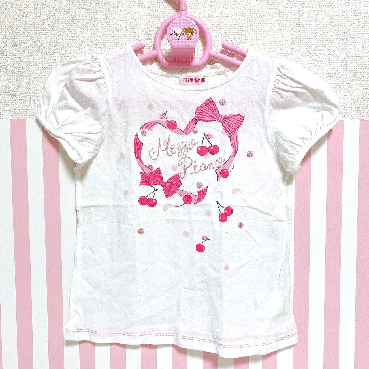 Mezzo Piano Kids T-shirt 130 Size White Cherry Ribbon Pink Heart Girls Kawaii