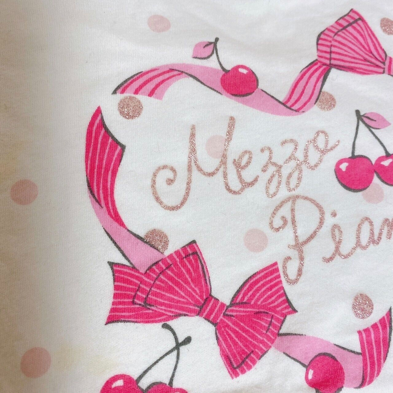 Mezzo Piano Kids T-shirt 130 Size White Cherry Ribbon Pink Heart Girls Kawaii