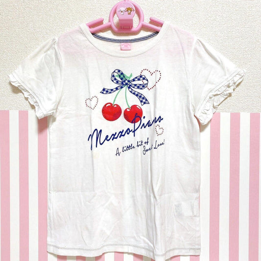 Mezzo Piano T-shirt Cherry Ribbon Frill Tops 150 Size White Heart Kawaii Rare