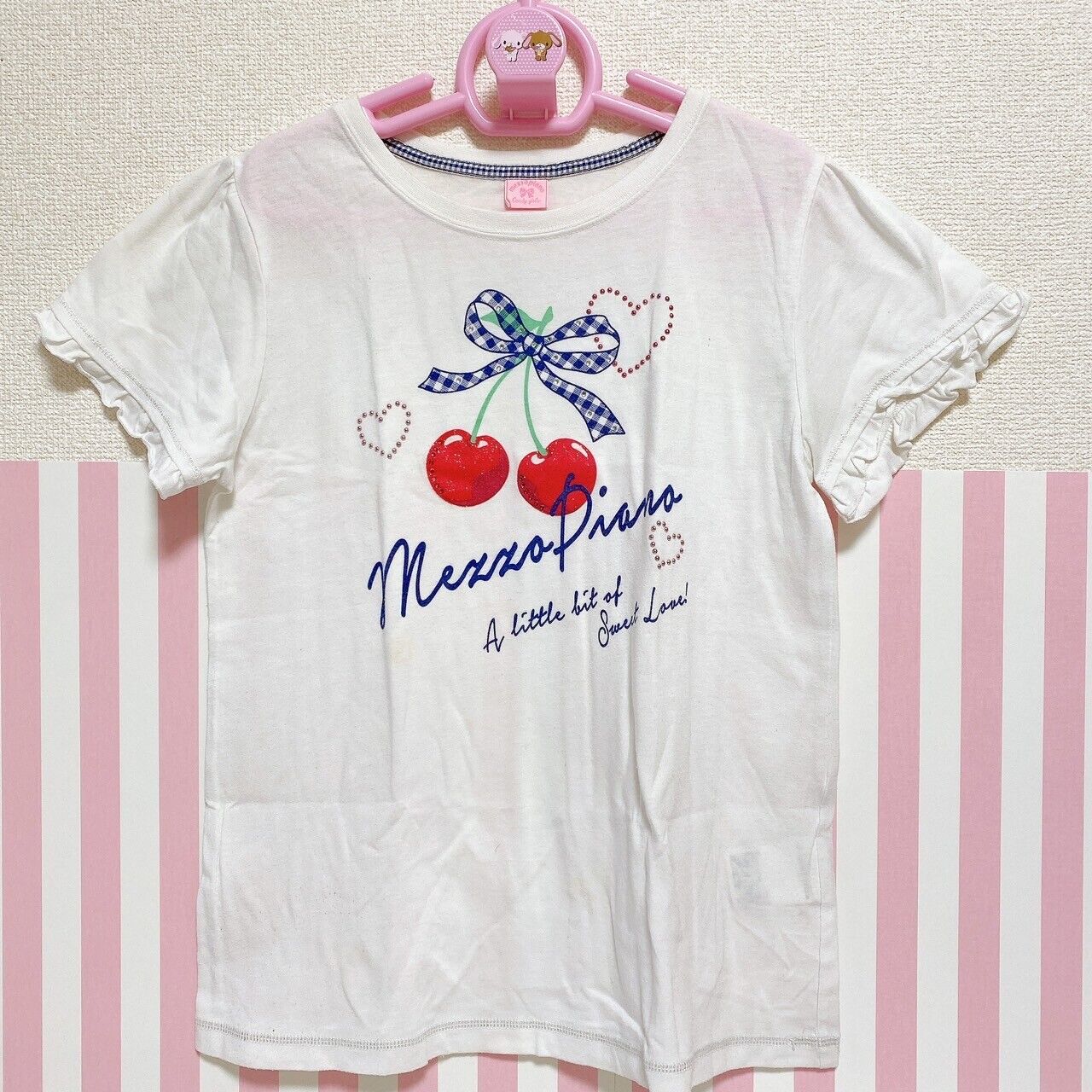 Mezzo Piano T-shirt Cherry Ribbon Frill Tops 150 Size White Heart Kawaii Rare