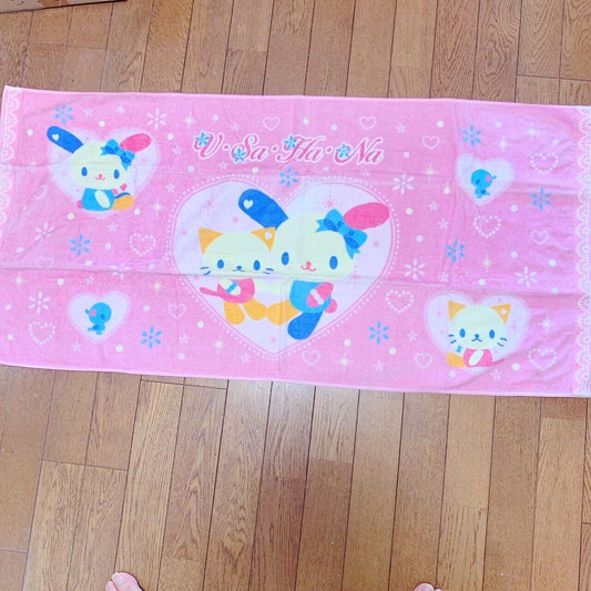 Sanrio Usahana Nyako Bath Towel Pink Rabbit Cat Heart Glitter Fluffy Kawaii Rare