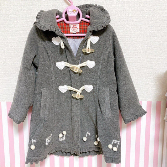 Mezzo Piano Jacket Coat 110 Size Gray Note Heart Frill Plaid Hood Fluffy Kawaii