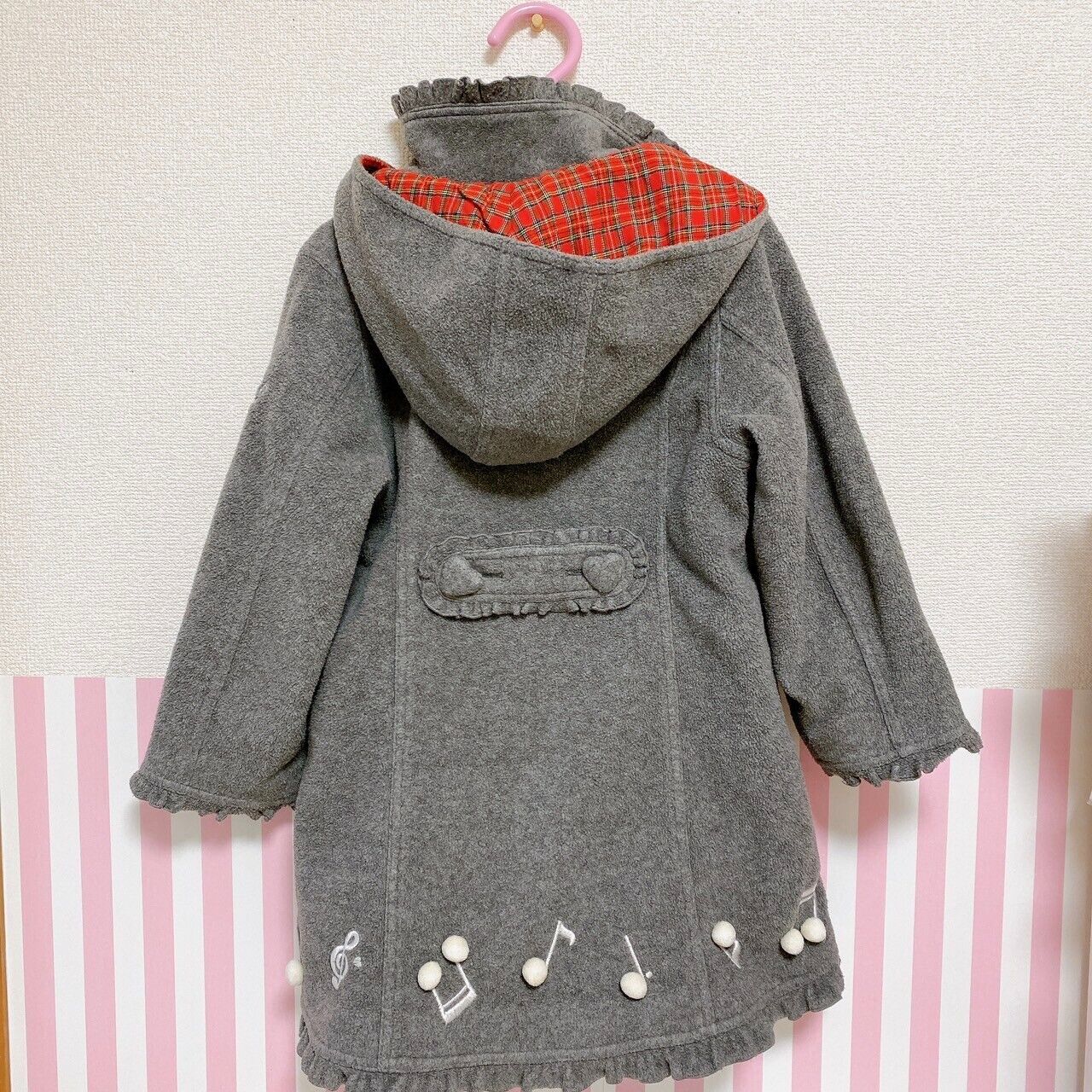 Mezzo Piano Jacket Coat 110 Size Gray Note Heart Frill Plaid Hood Fluffy Kawaii