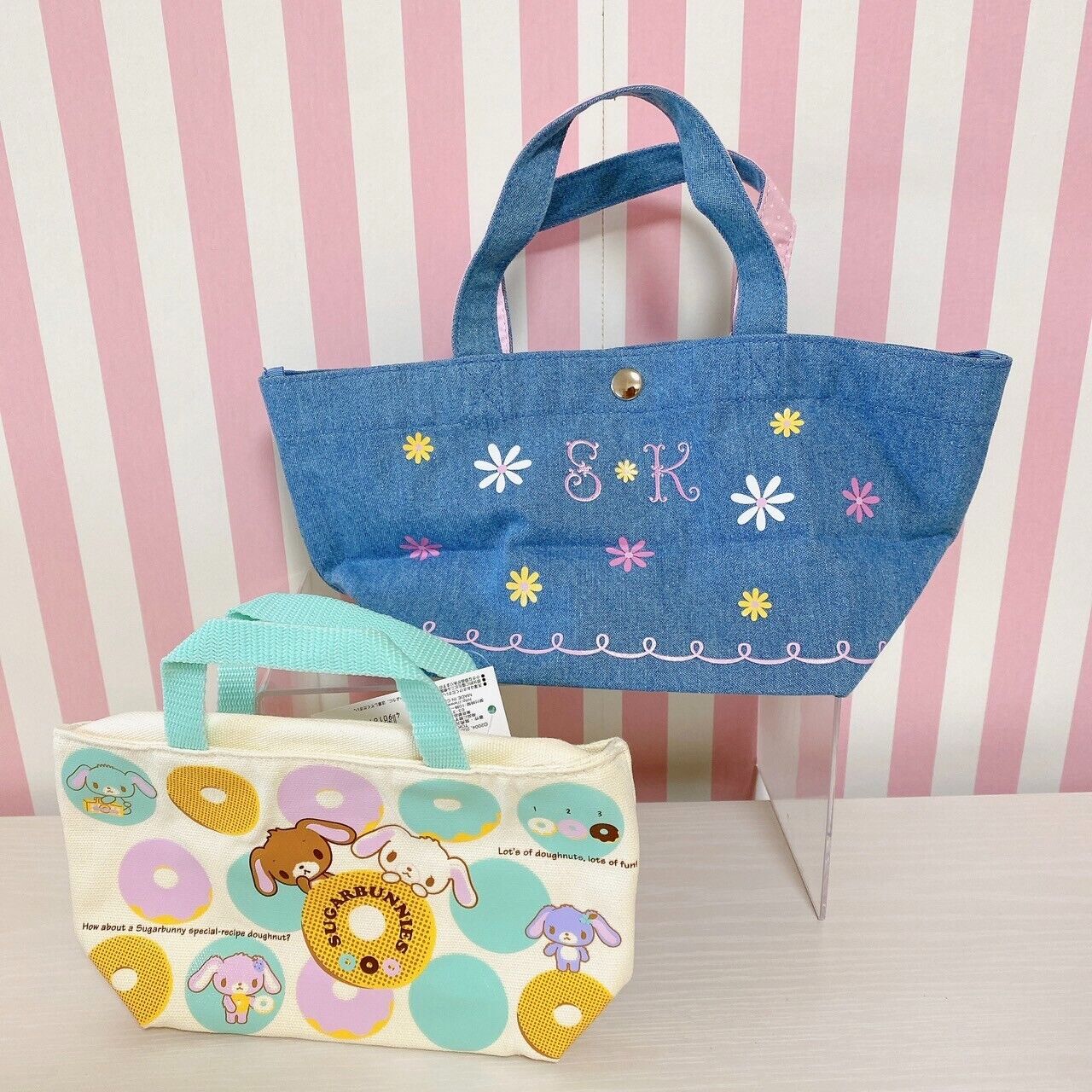 Sanrio Sugar Bunnies Tote Bag Handbag Set 2 Shirousa Kurousa Denim Doughnut Rare