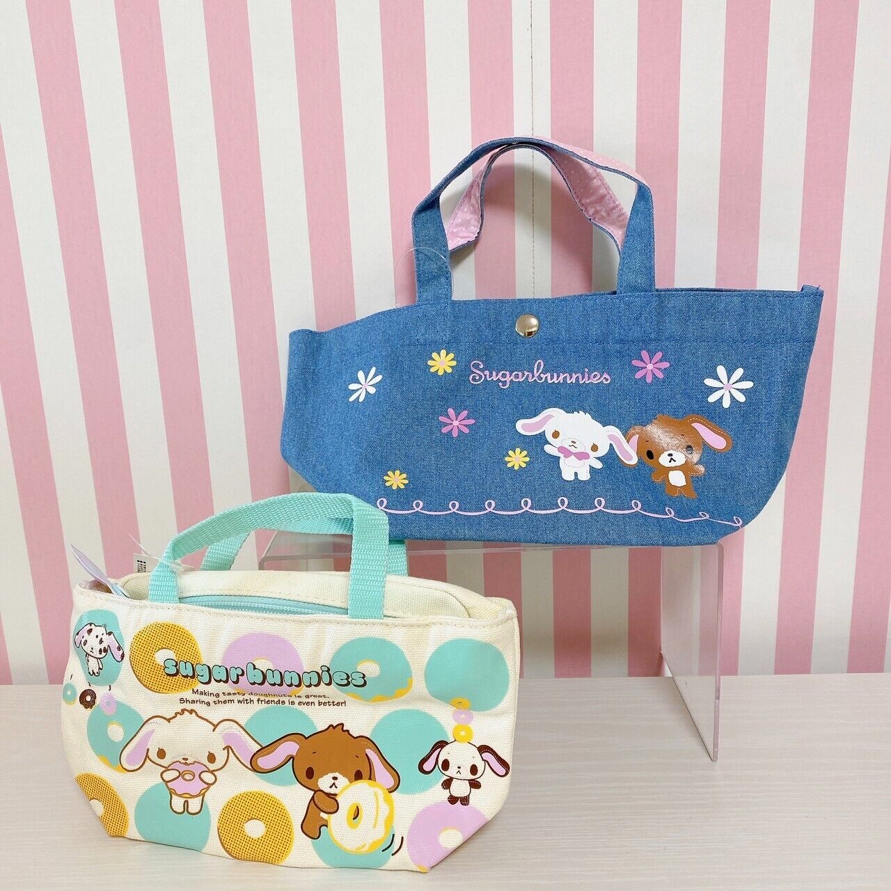 Sanrio Sugar Bunnies Tote Bag Handbag Set 2 Shirousa Kurousa Denim Doughnut Rare